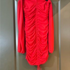 Red Ruched Long Sleeve Mini Dress